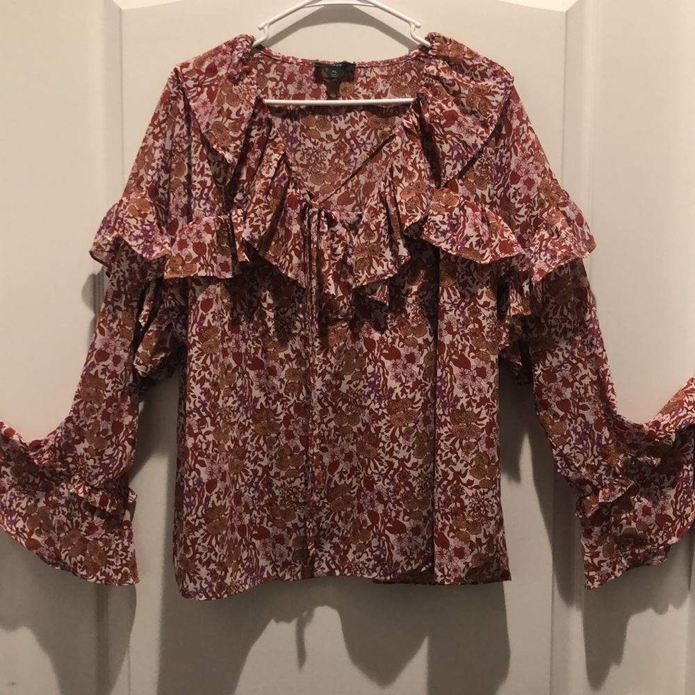 J Crew Ruffled Crinkle Long Sleeve Blouse Floral Print, size XL
